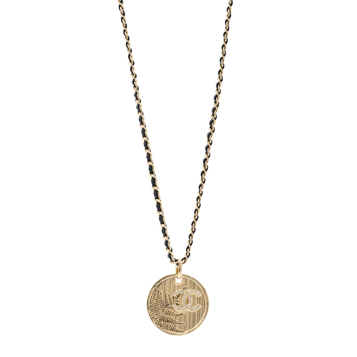 Chanel Lambskin Crystal CC Round Pendant Chain Necklace Gold Black 1 of 6