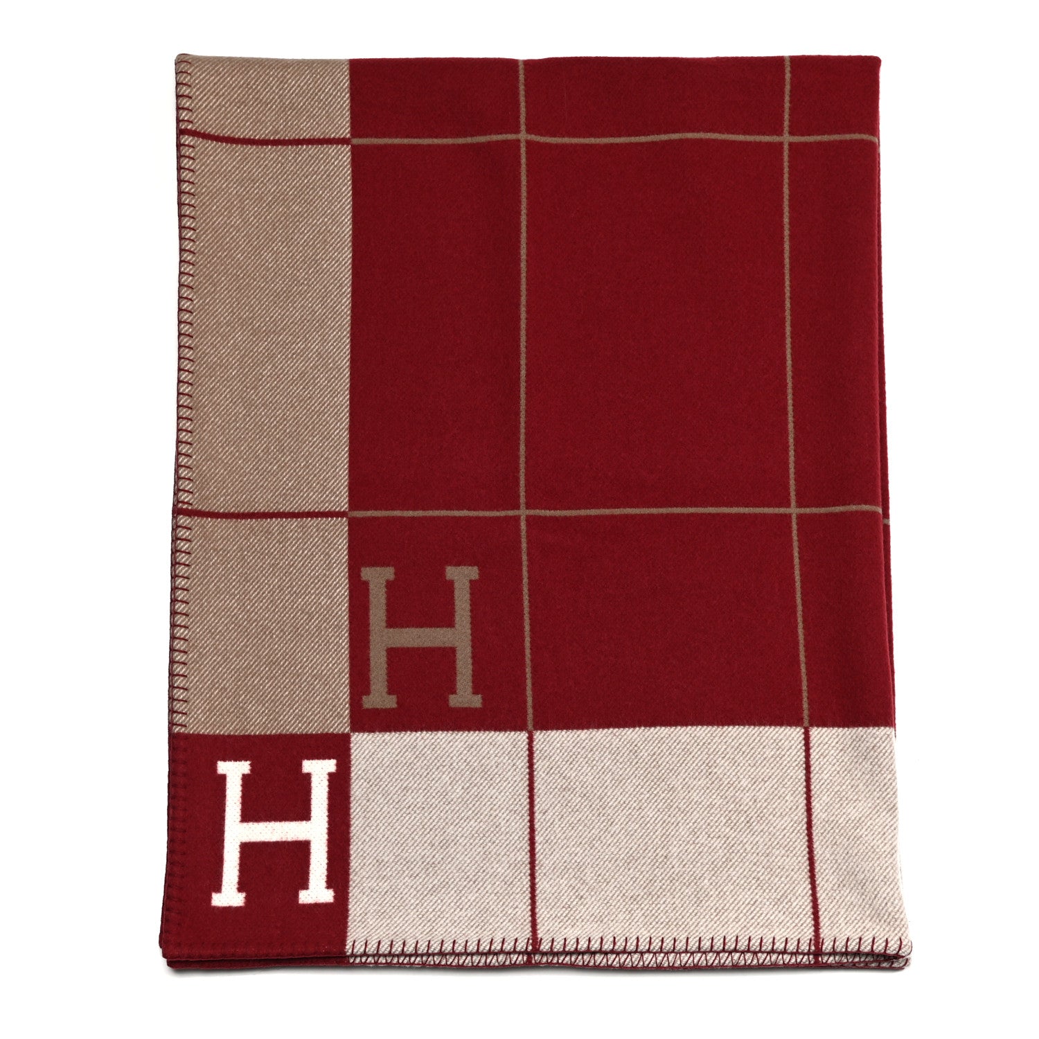 Hermes Wool Cashmere Avalon III Blanket Ecru Rouge H 2 of 3