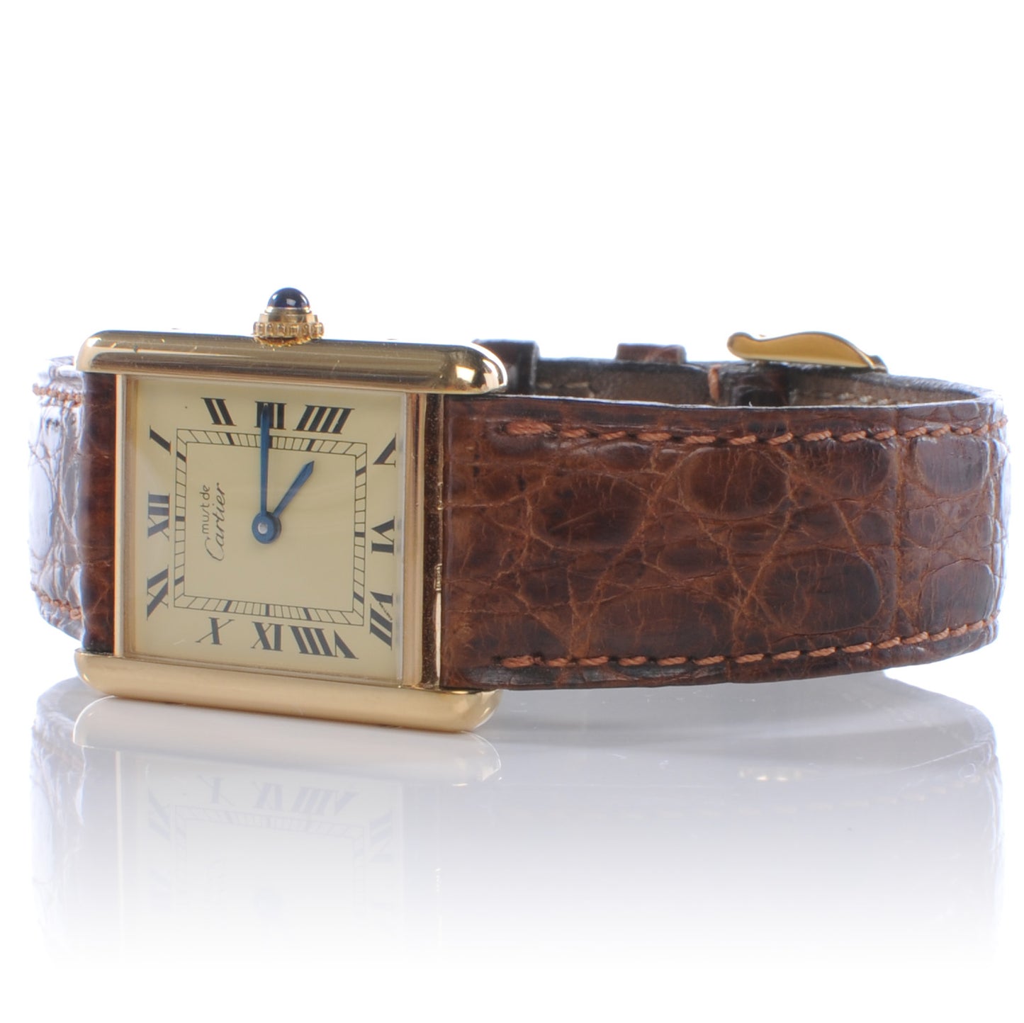 Sterling Silver Vermeil Alligator 20mm Must de Cartier Tank Quartz Watch Brown