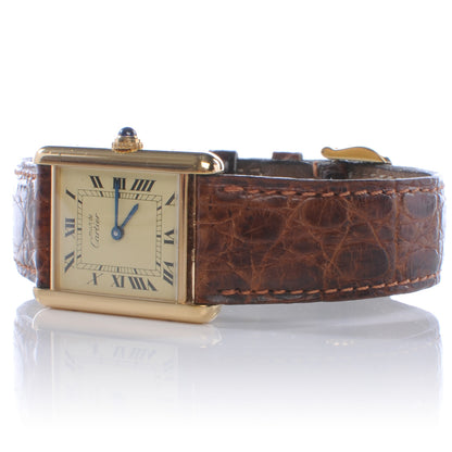 Cartier Sterling Silver Vermeil Alligator 20mm Must de Cartier Tank Quartz Watch Brown 3 of 7
