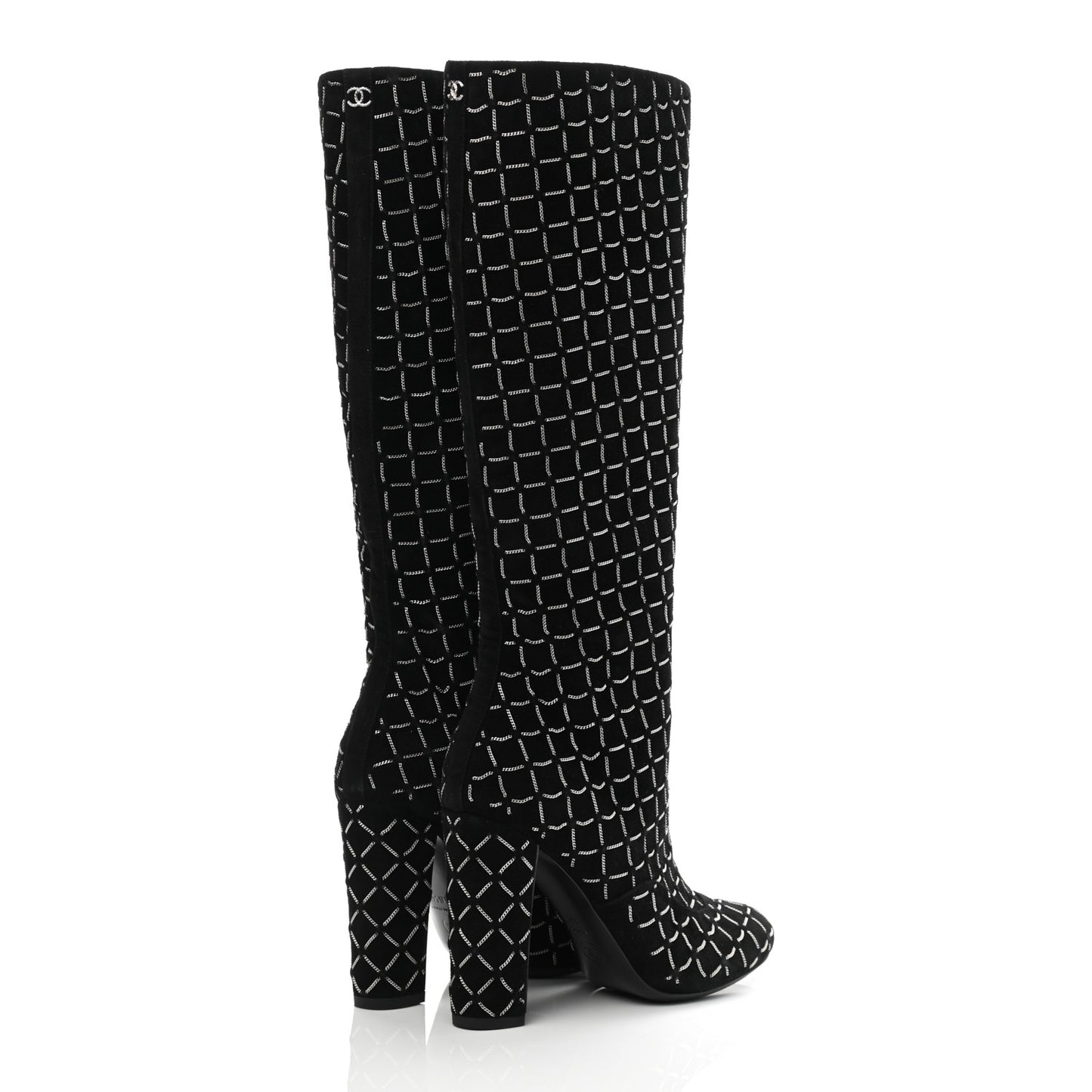 Kid Suede Chain Quilted Knee High Boots 36.5 Black