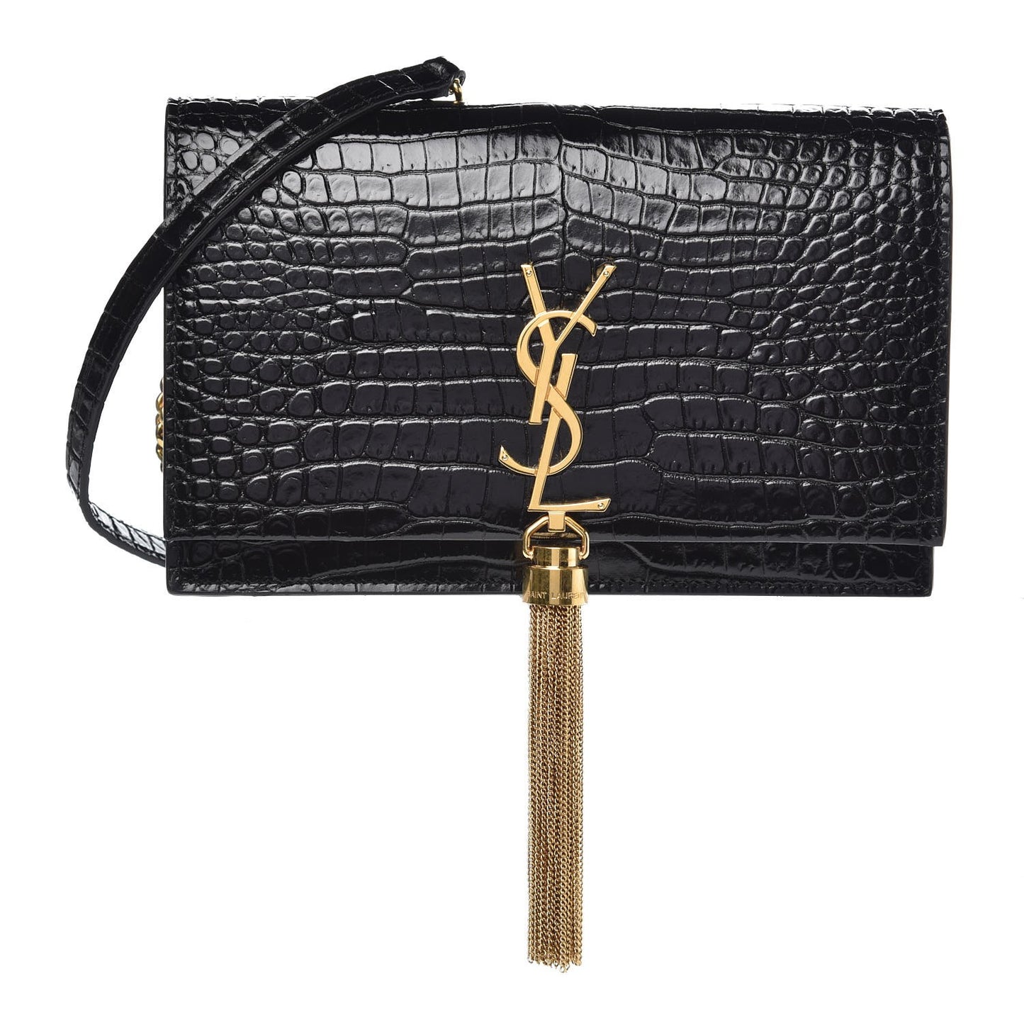 Calfskin Crocodile Embossed Kate Monogram Tassel Chain Wallet Black