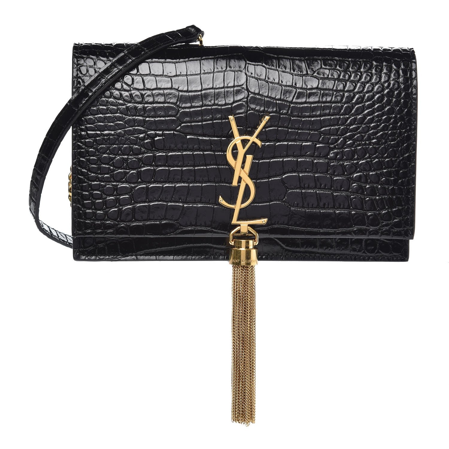Saint Laurent Calfskin Crocodile Embossed Kate Monogram Tassel Chain Wallet Black 1 of 6