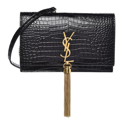 Saint Laurent Calfskin Crocodile Embossed Kate Monogram Tassel Chain Wallet Black 1 of 6