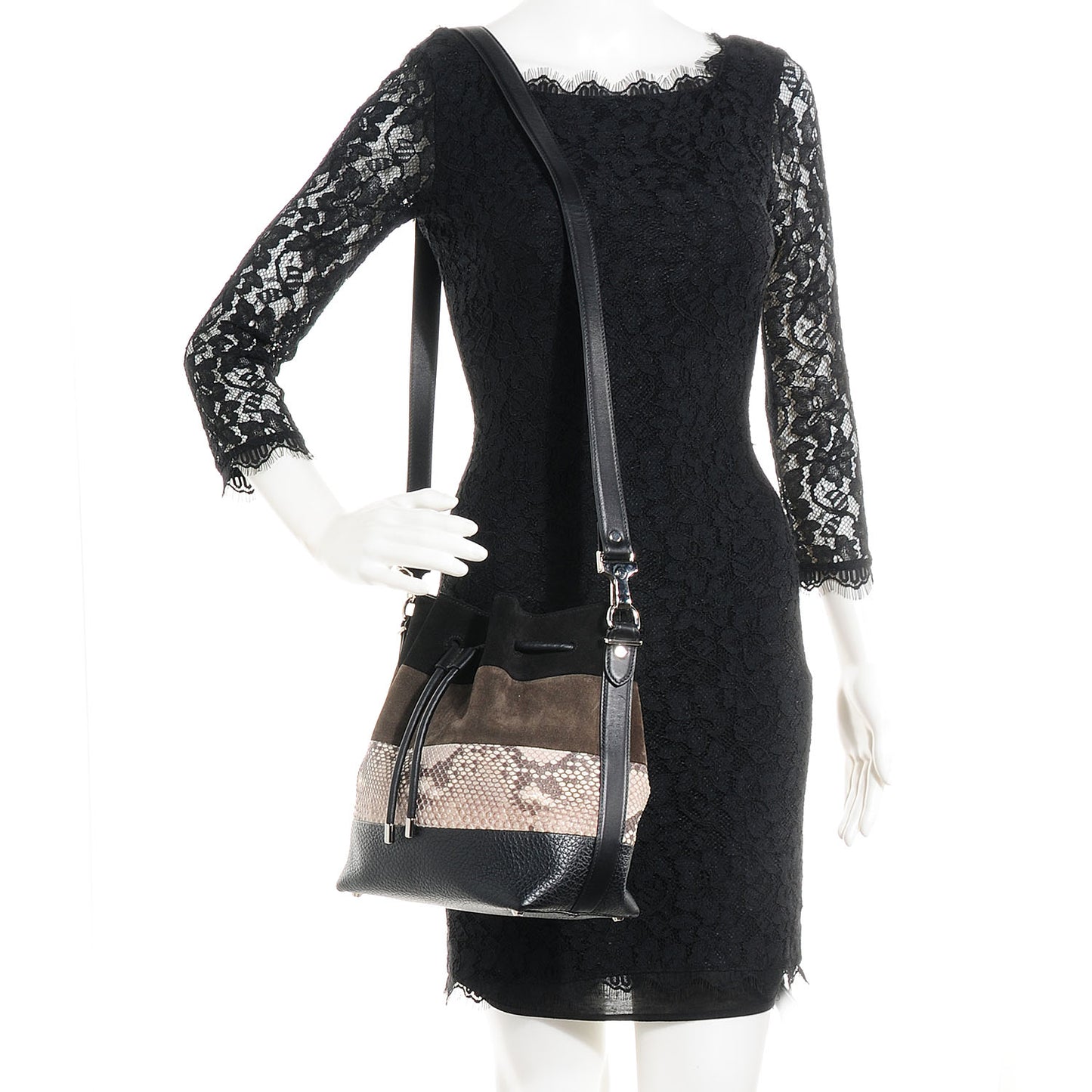 Suede Watersnake Medium Bucket Bag Black