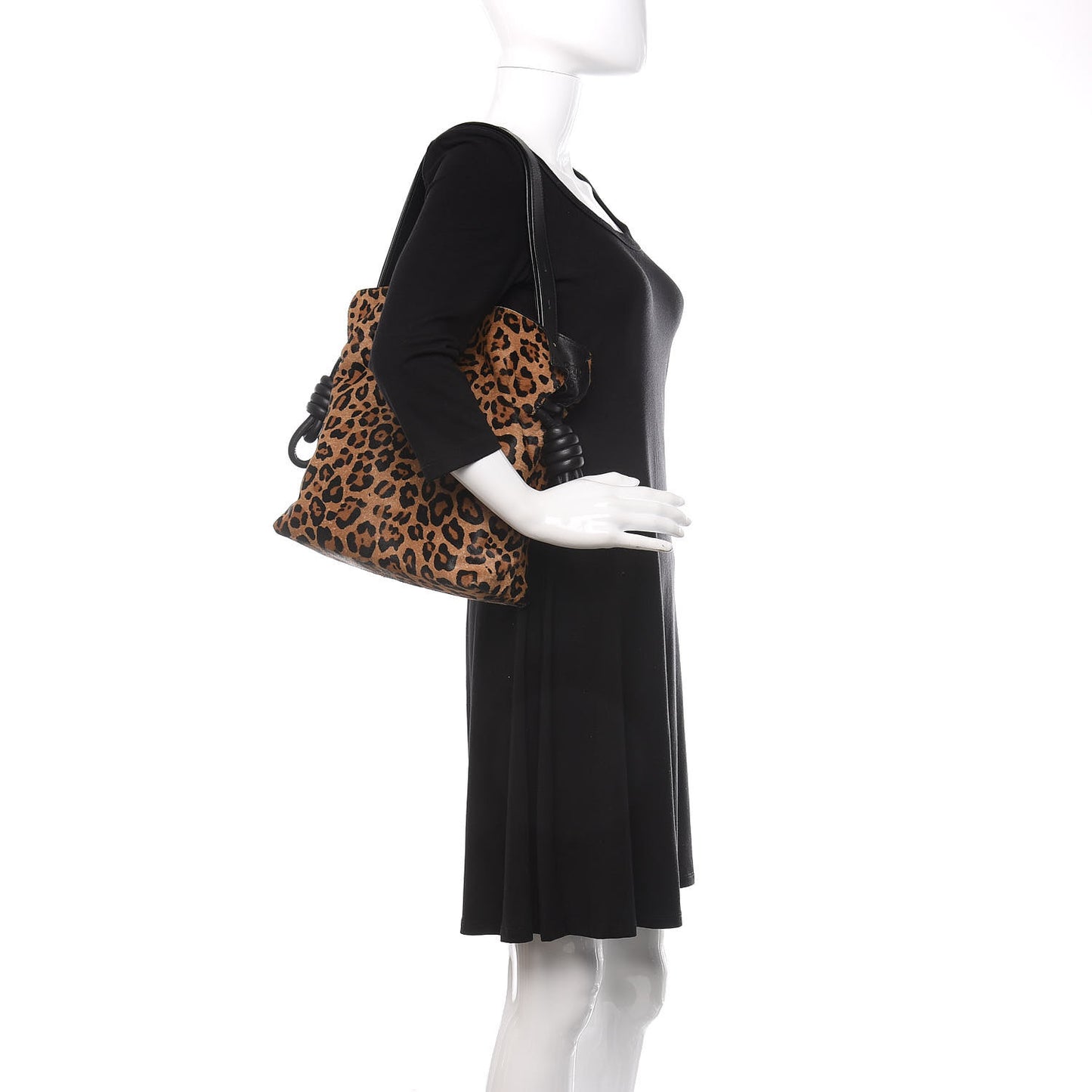 Calfskin Pony Hair Leopard Print Flamenco Knot Bag Black