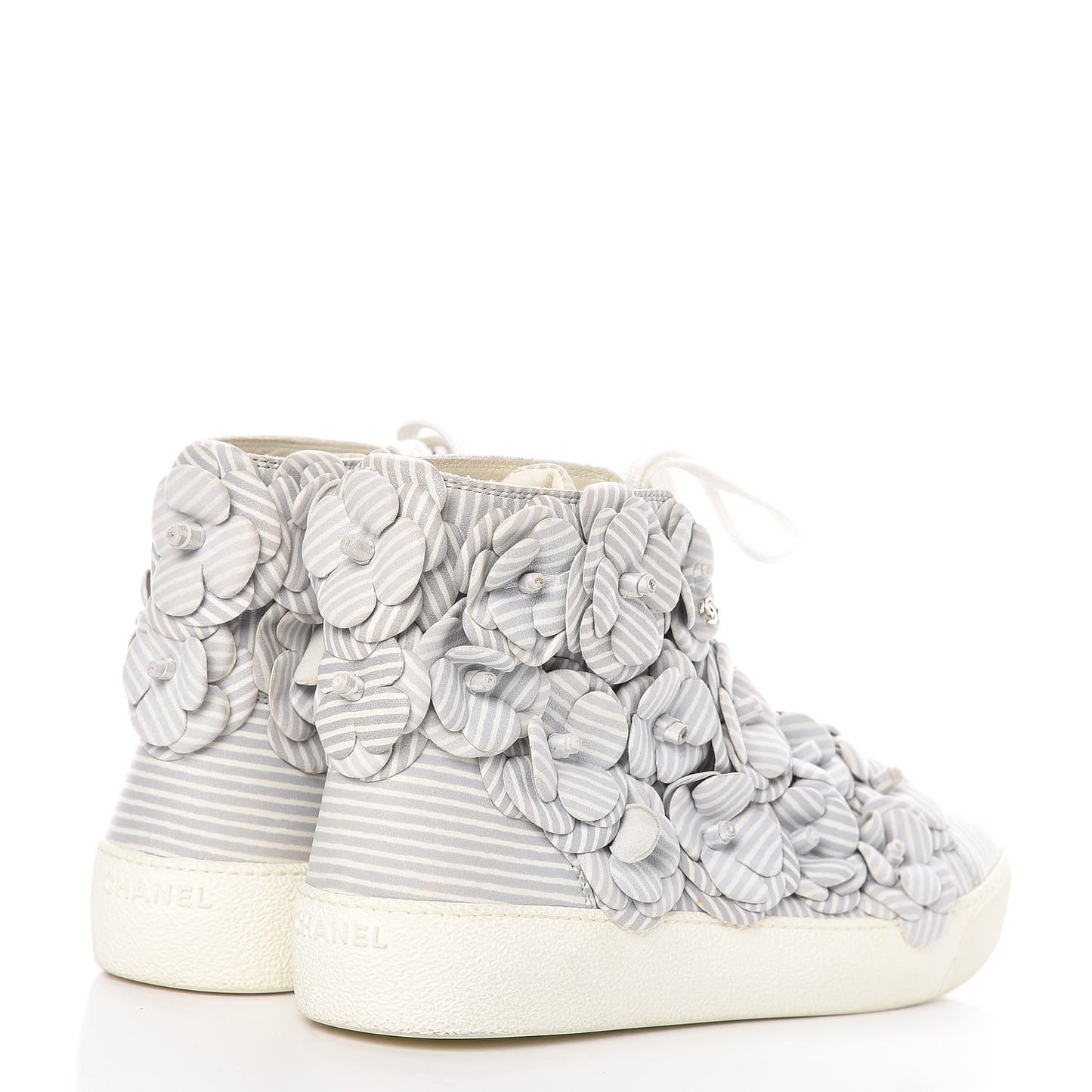 Lambskin Striped Camellia High Top Sneakers 39 Grey