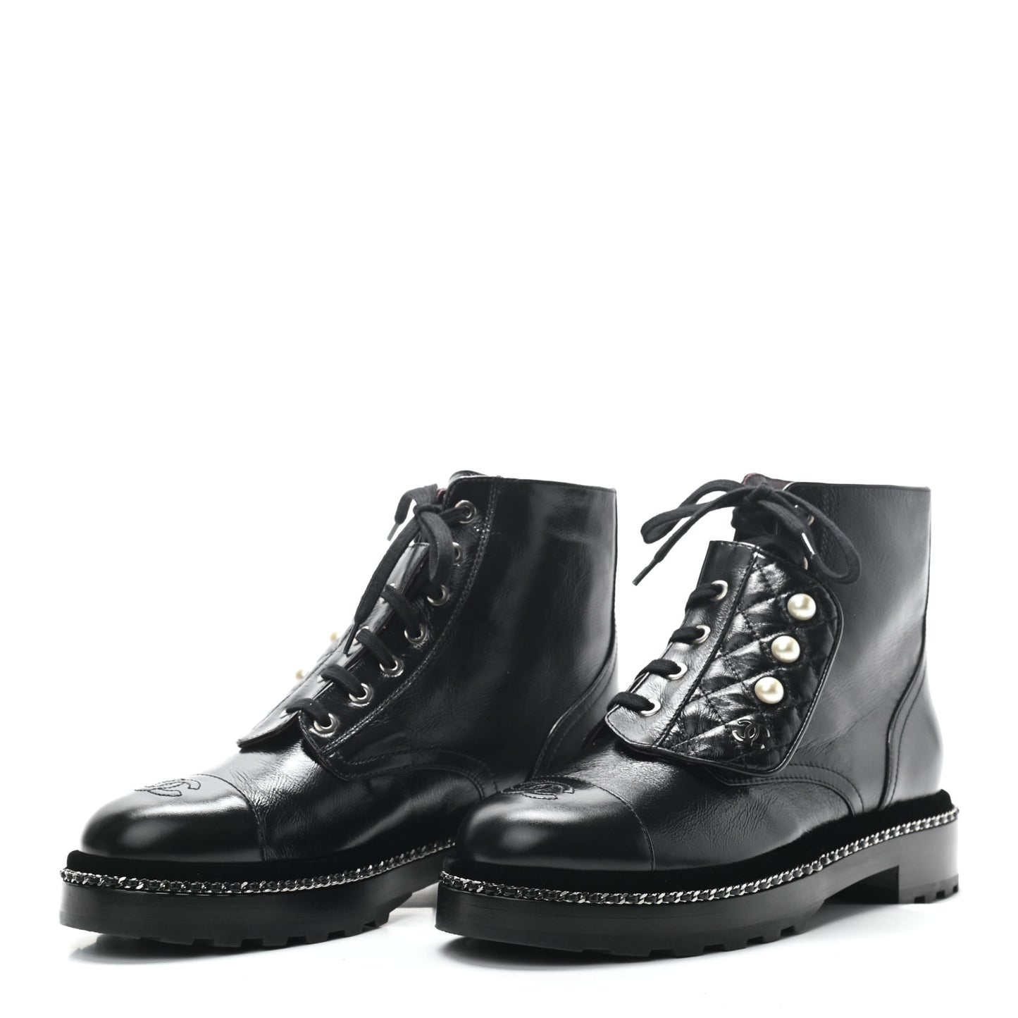 Crackled Calfskin Velvet Pearl Combat Short Boots 39 Black