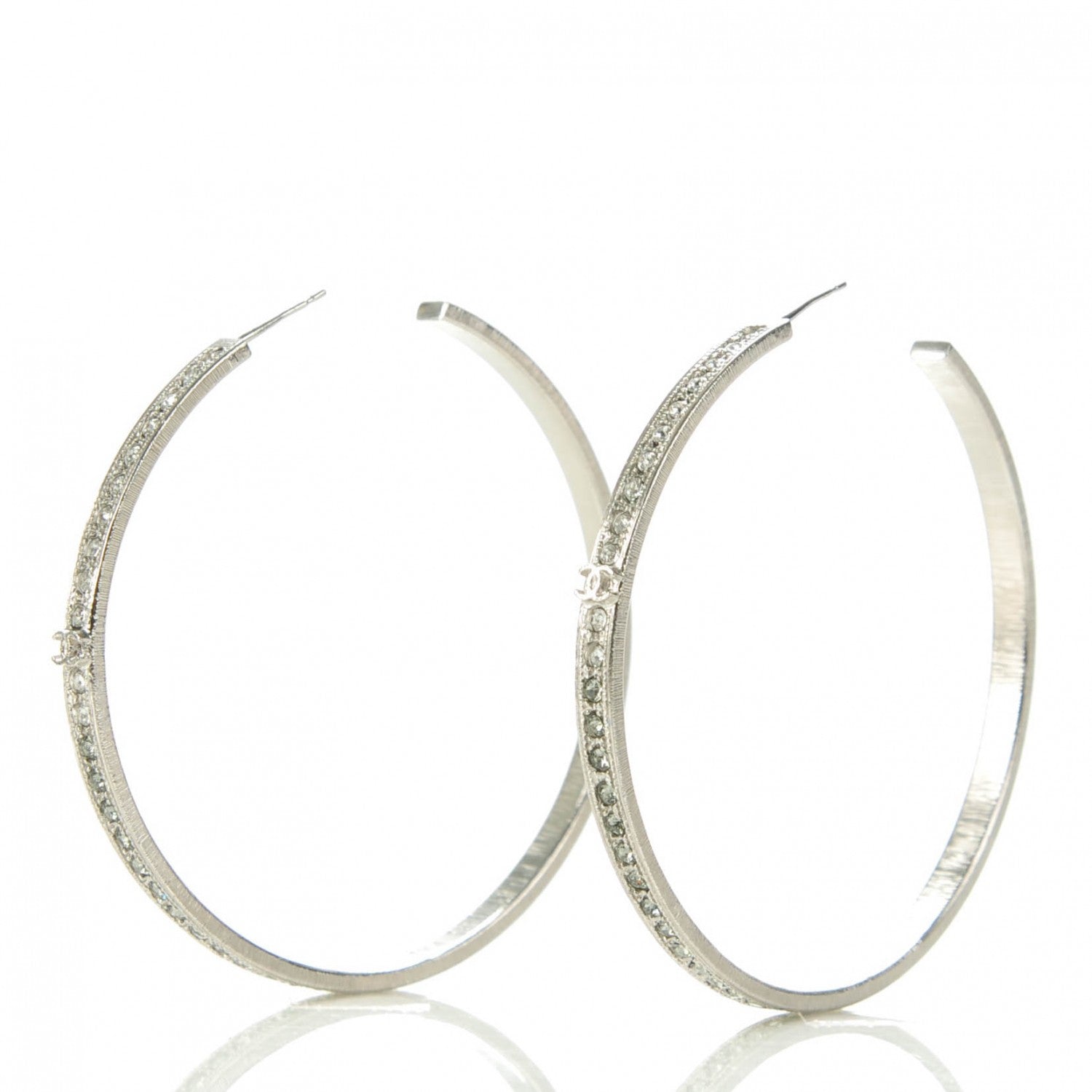 Chanel Crystal CC Large Hoop Earrings Grey Silver 4 of 8