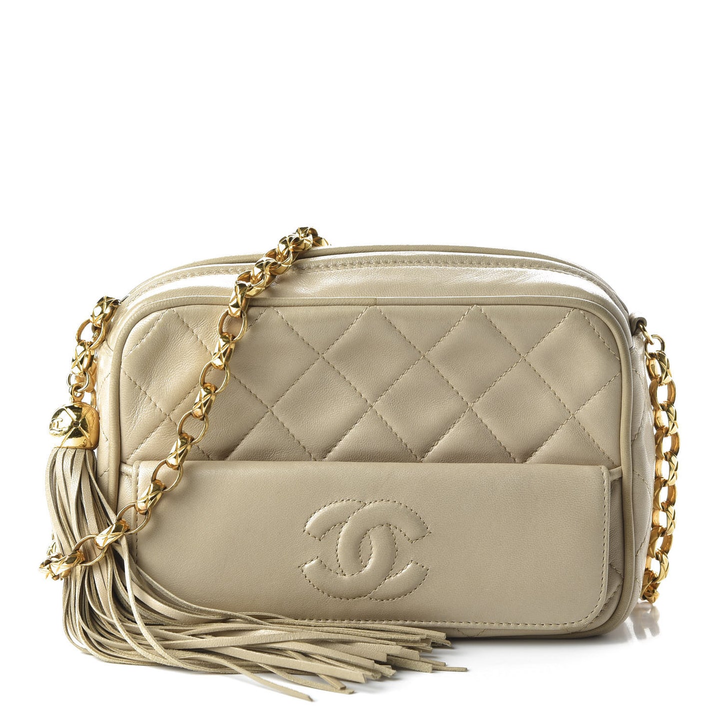 Lambskin Quilted Tassel Camera Case Beige