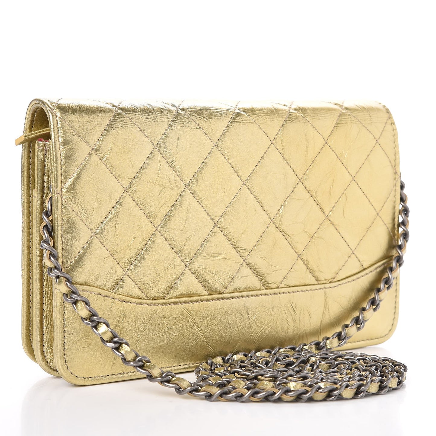 Metallic Aged Calfskin Quilted Gabrielle Wallet On Chain WOC Gold