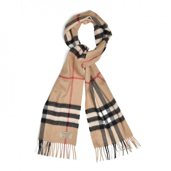 Cashmere Giant Check Fringe Scarf Camel