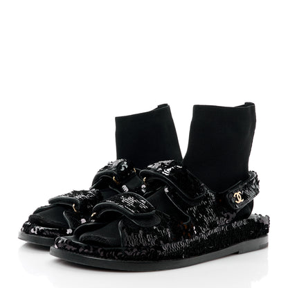 Chanel Sequin Knit Velcro Dad Sandals 38 Black 3 of 12
