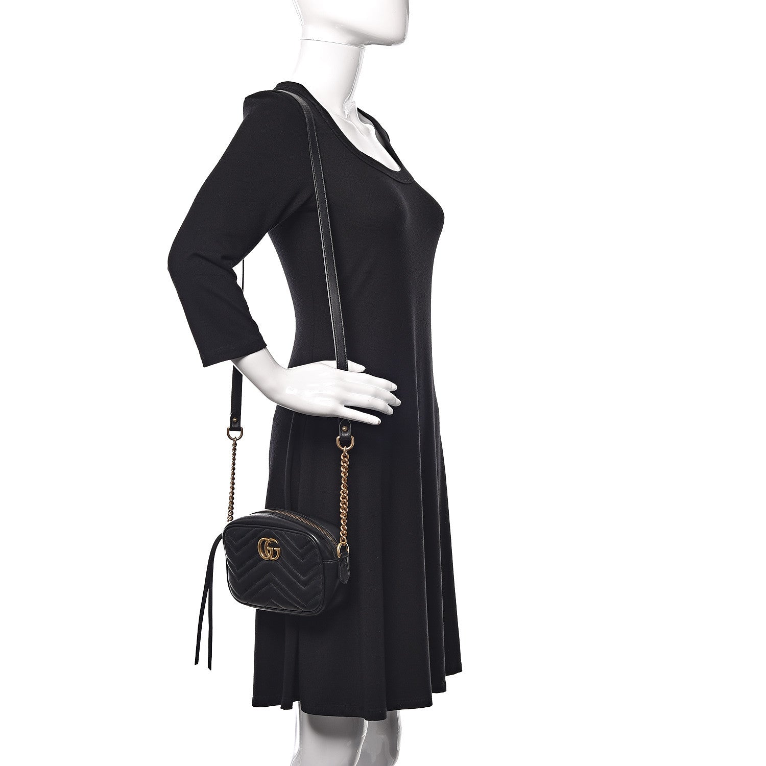 Gucci Calfskin Matelasse Mini GG Marmont Chain Shoulder Bag Black 2 of 9