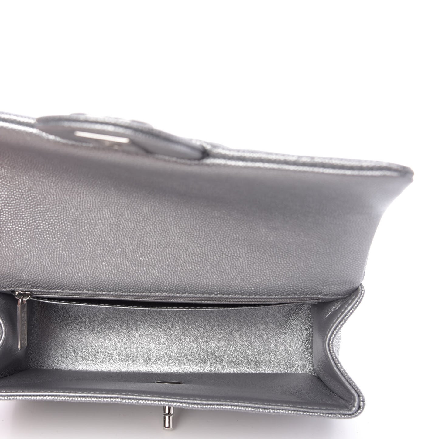 Metallic Caviar Quilted Mini Top Handle Rectangular Flap Silver