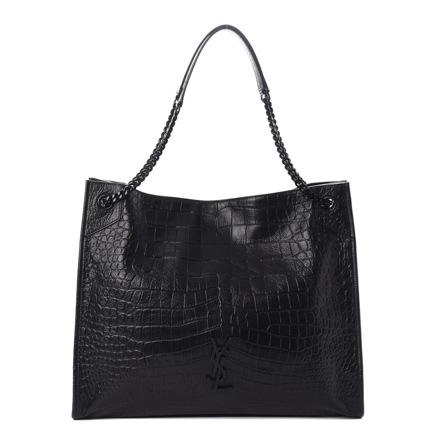 Calfskin Crocodile Embossed Monogram Large Niki Shopping Bag Black