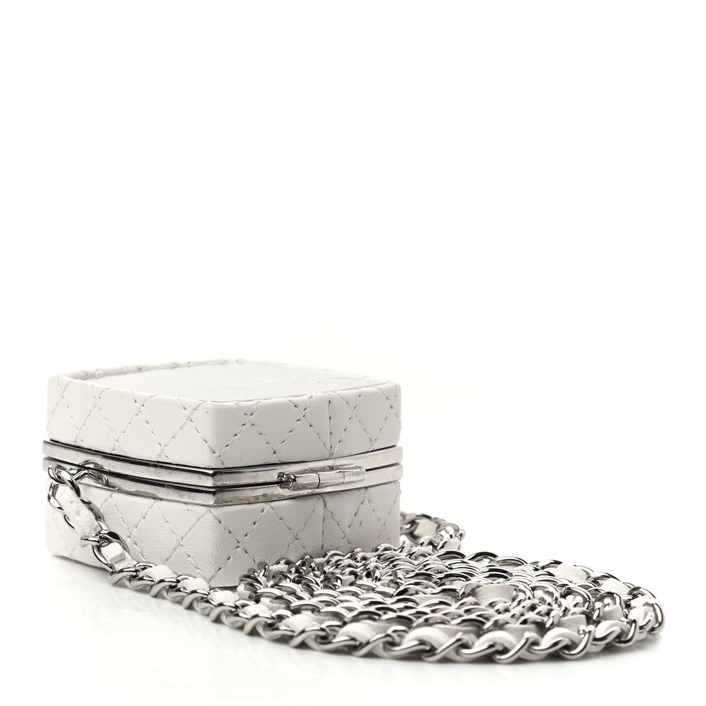 Patent Goatskin Quilted Clutch With Chain White