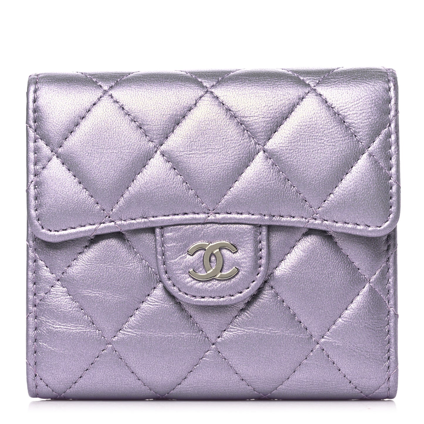 Iridescent Lambskin Quilted Compact Flap Wallet Purple