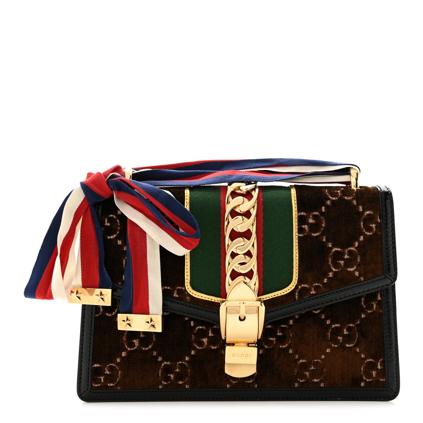 Velvet GG Monogram Web Small Sylvie Shoulder Bag Brown Black Oro Vecchio