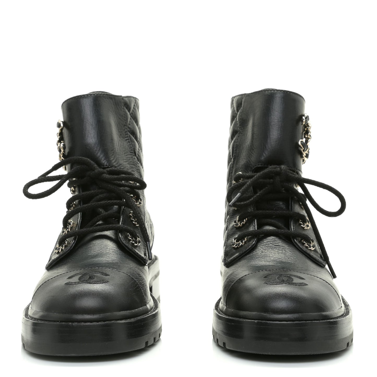Shiny Goatskin Calfskin Quilted Lace Up Combat Boots 40 Black