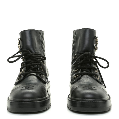 Chanel Shiny Goatskin Calfskin Quilted Lace Up Combat Boots 40 Black 4 of 9