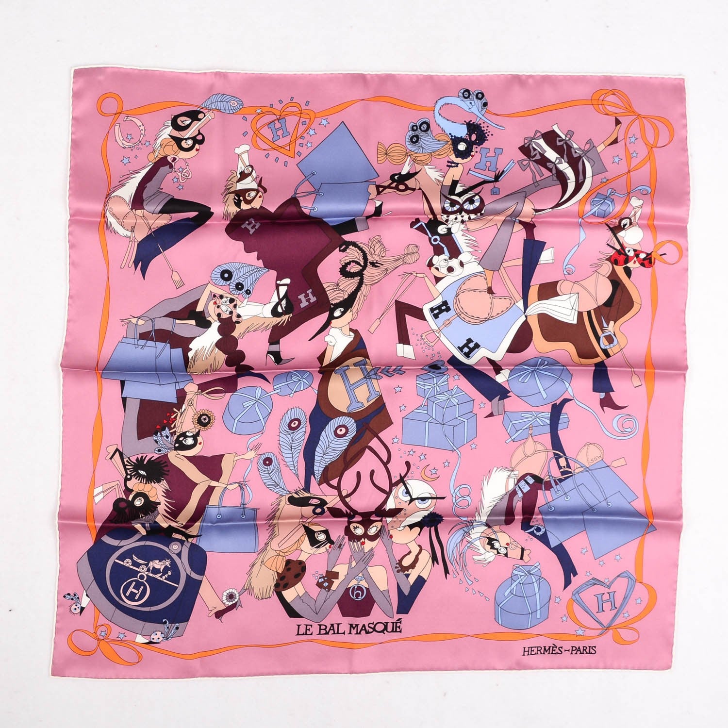 Hermes Silk Le Bal Masque Scarf 70 Vieux Rose Blue Jean Orange 2 of 6