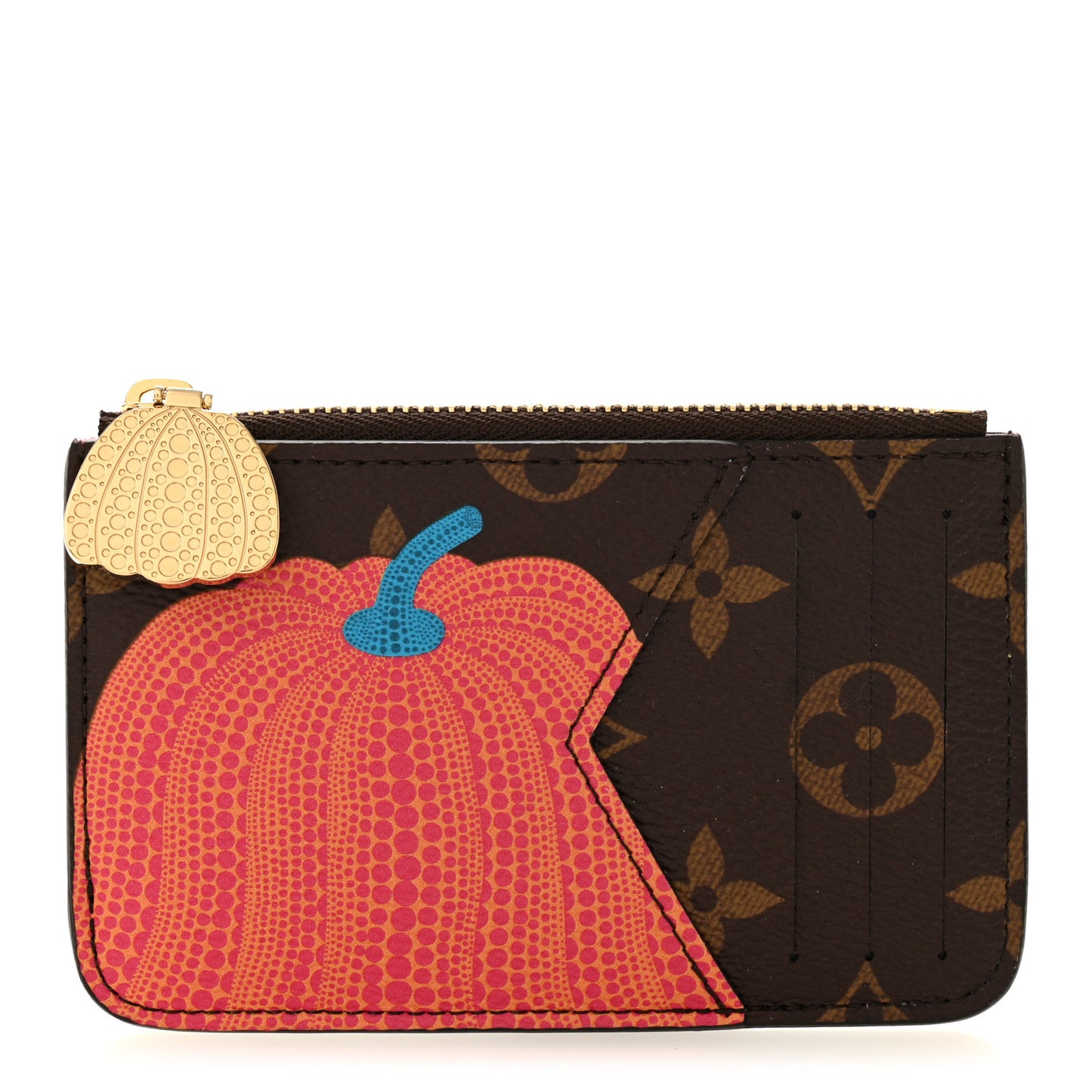 LV X YK Monogram Kusama Pumpkin Zipped Romy Card Holder