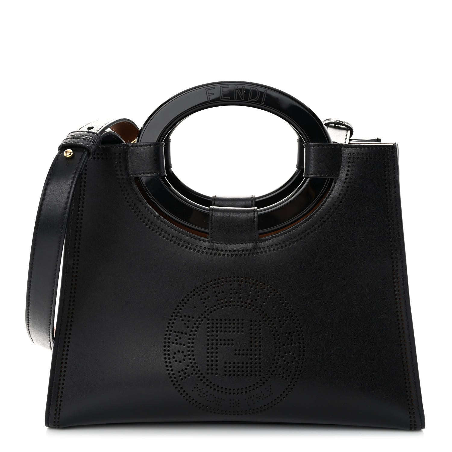 Fendi Vitello Liberty Plexiglass Stamp Patch Perforated Small Runaway Shopper Tote Black 1 of 9