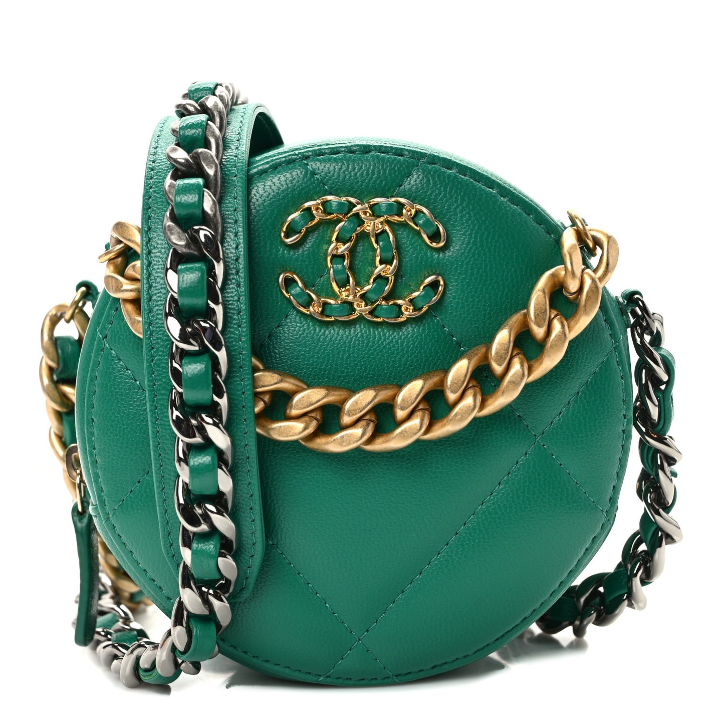 Goatskin Quilted Chanel 19 Round Clutch With Chain Green