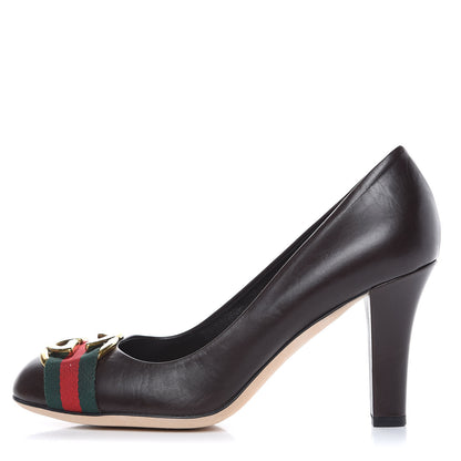 Gucci Calfskin Interlocking GG Web Mid Heel Pumps 39 Dark Cocoa 1 of 8