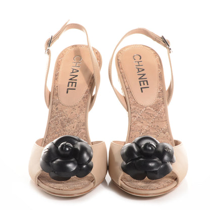 Chanel Lambskin Slingback Camellia Wedge Sandals Beige Black 37 2 of 7