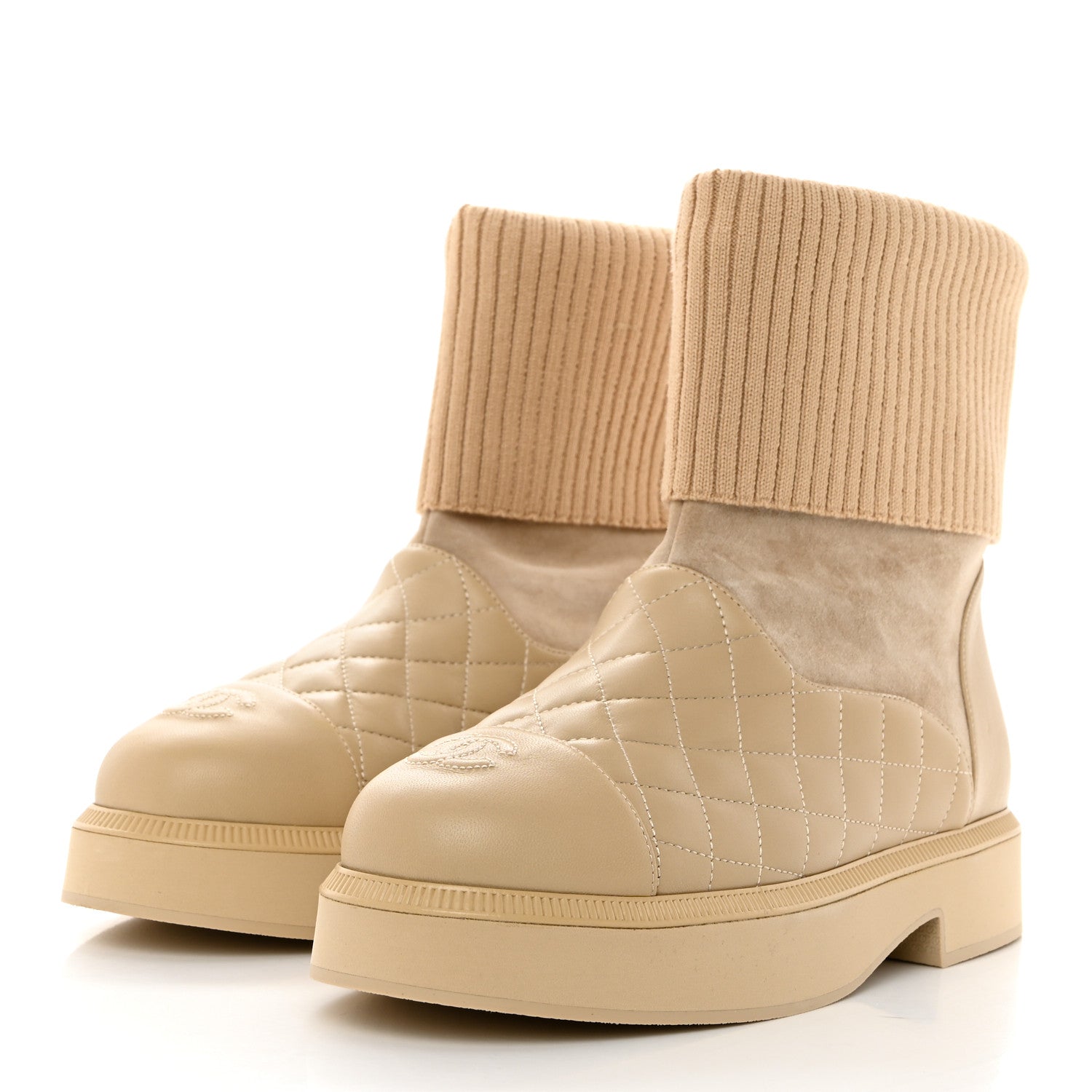 Chanel Suede Lambskin Calfskin Knit Womens Ankle Boots 38 Beige 3 of 8