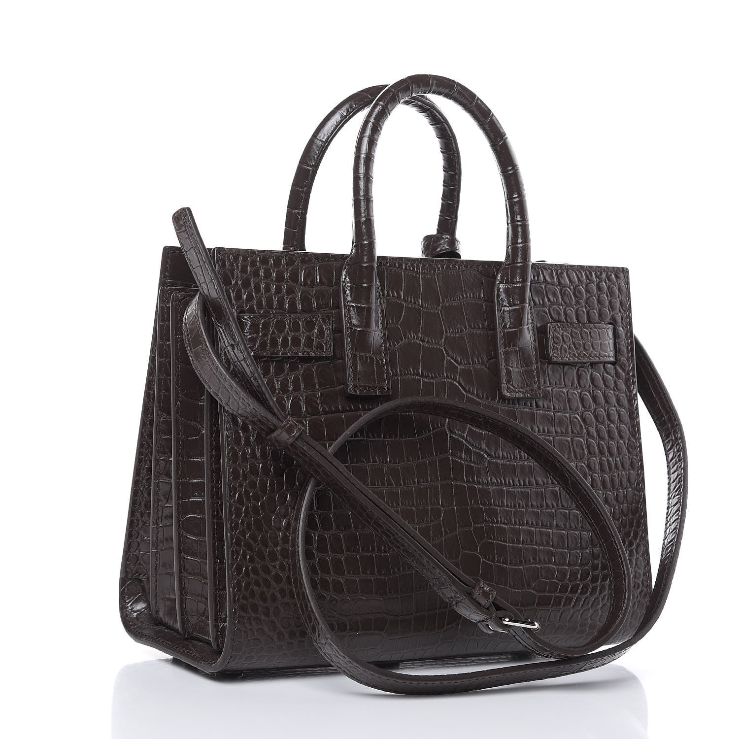 Saint Laurent Calfskin Crocodile Embossed Nano Sac De Jour Dark Brown 3 of 10