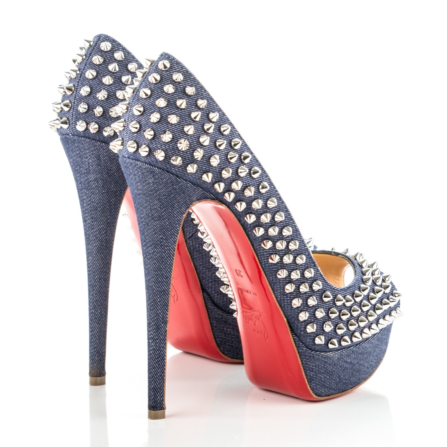 Christian Louboutin Denim Lady Peep Spikes 150 Pumps 39 Blue Arancio 4 of 8