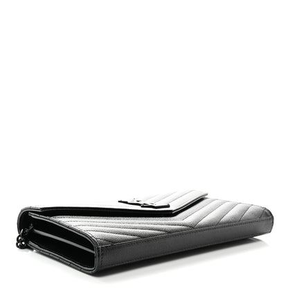 Saint Laurent Grain De Poudre Matelasse Chevron Monogram Monochrome Envelope Chain Wallet Black 4 of 11