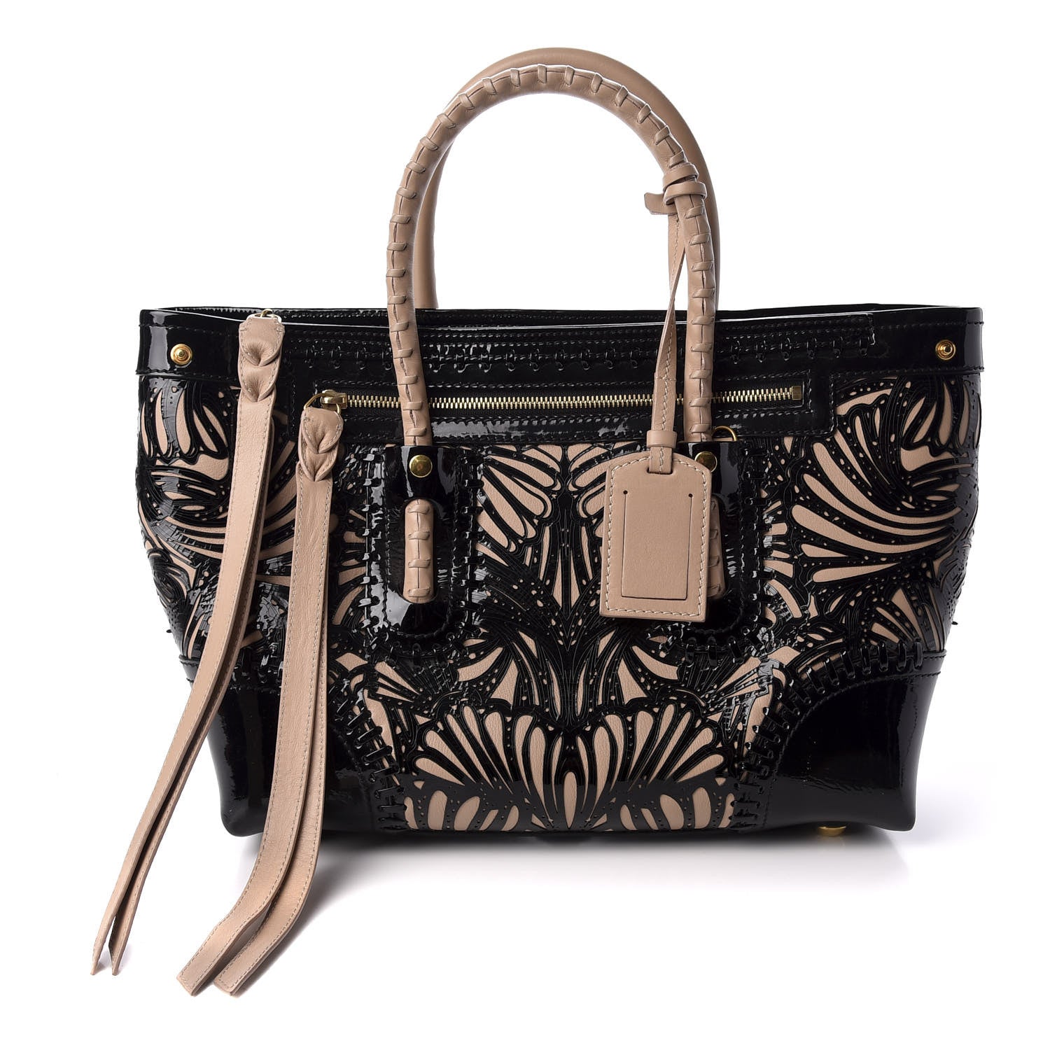 Alexander McQueen Patent Calfskin Bistrot Embossed Folk Tote Bag Black Beige 1 of 9