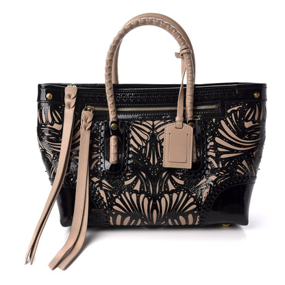 Alexander McQueen Patent Calfskin Bistrot Embossed Folk Tote Bag Black Beige 1 of 9
