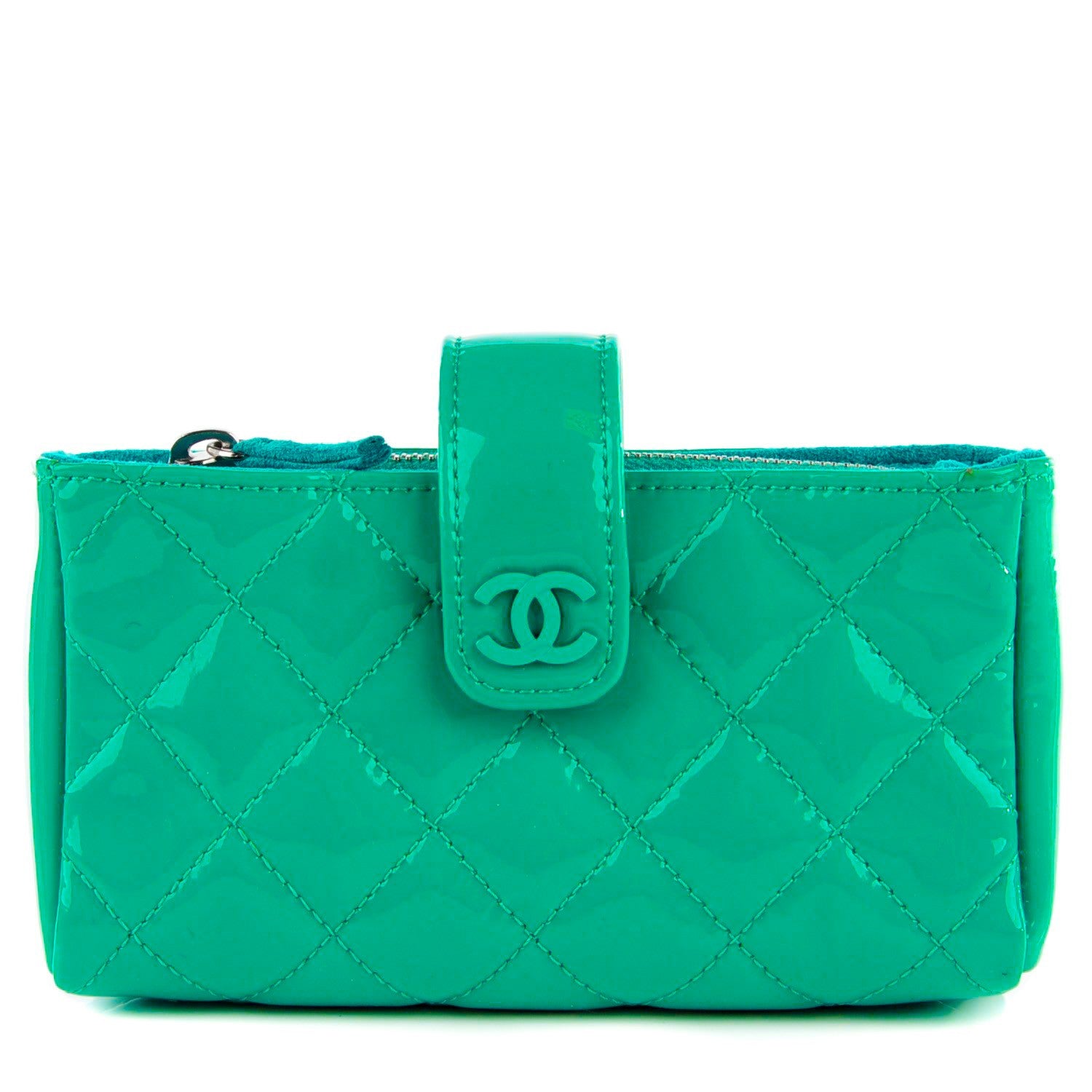 Chanel Patent Quilted Mini Phone Holder Clutch Green 1 of 8