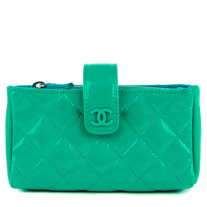 Chanel Patent Quilted Mini Phone Holder Clutch Green 1 of 8