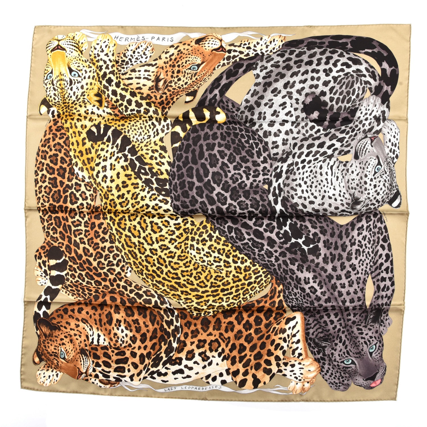 Hermes Silk Twill Lazy Leopardesses Scarf 90 Camel Anthracite 1 of 3