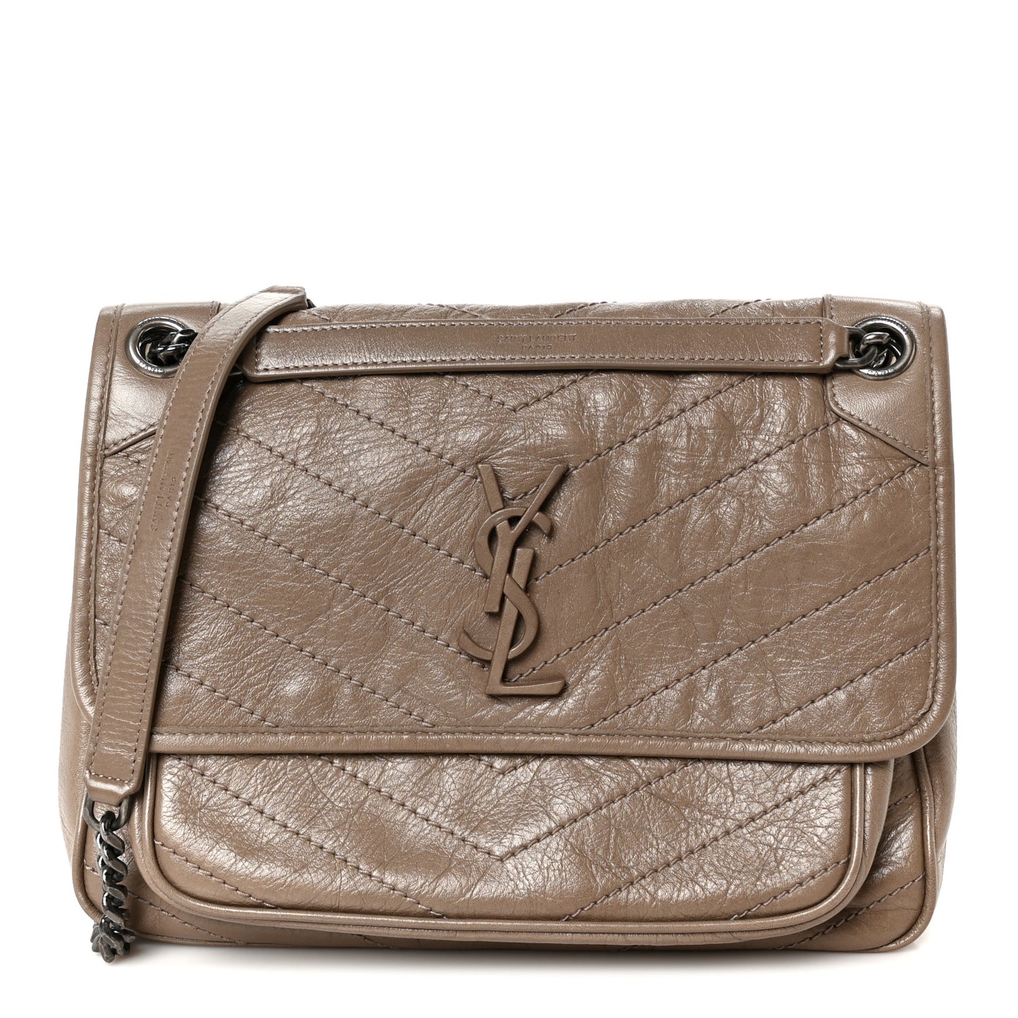 Crinkled Calfskin Matelasse Monogram Medium Niki Chain Satchel Greyish Brown