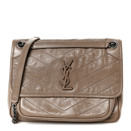 Saint Laurent Crinkled Calfskin Matelasse Monogram Medium Niki Chain Satchel Greyish Brown 1 of 11