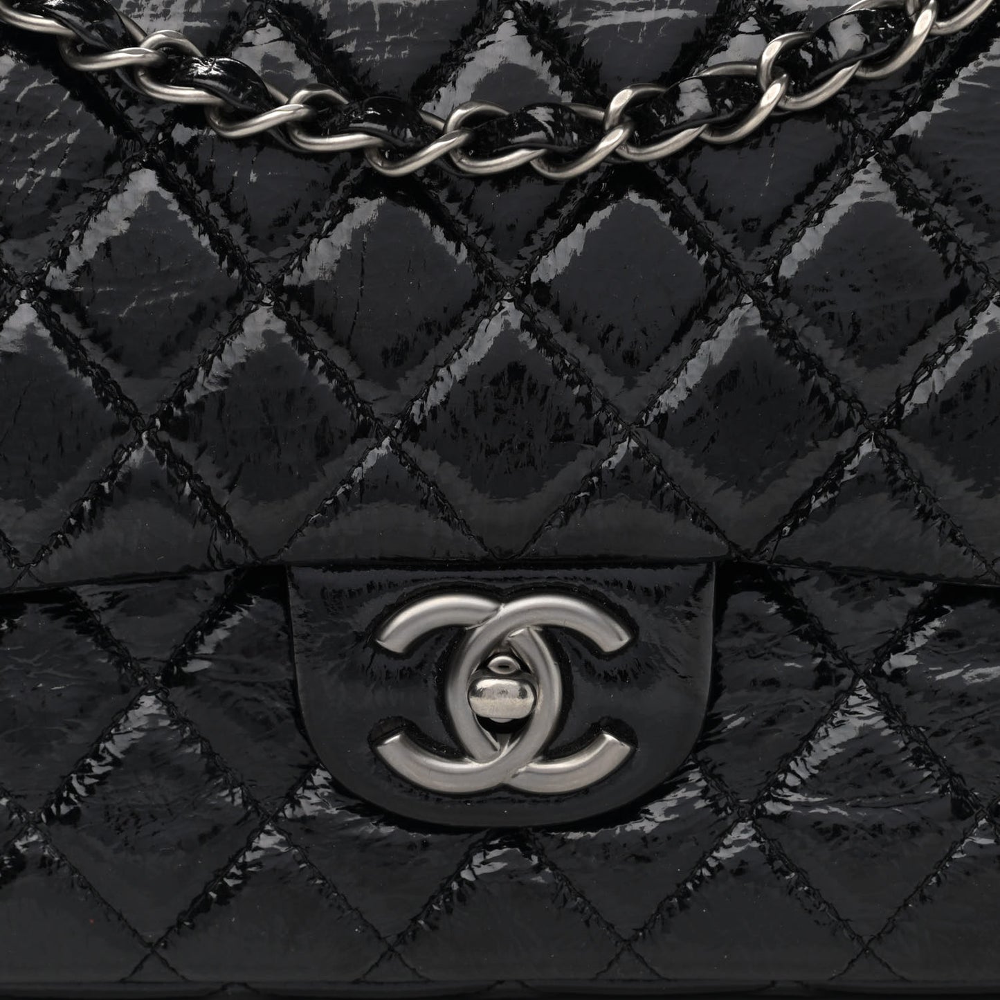 Distressed Patent Quilted Medium Double Flap Black