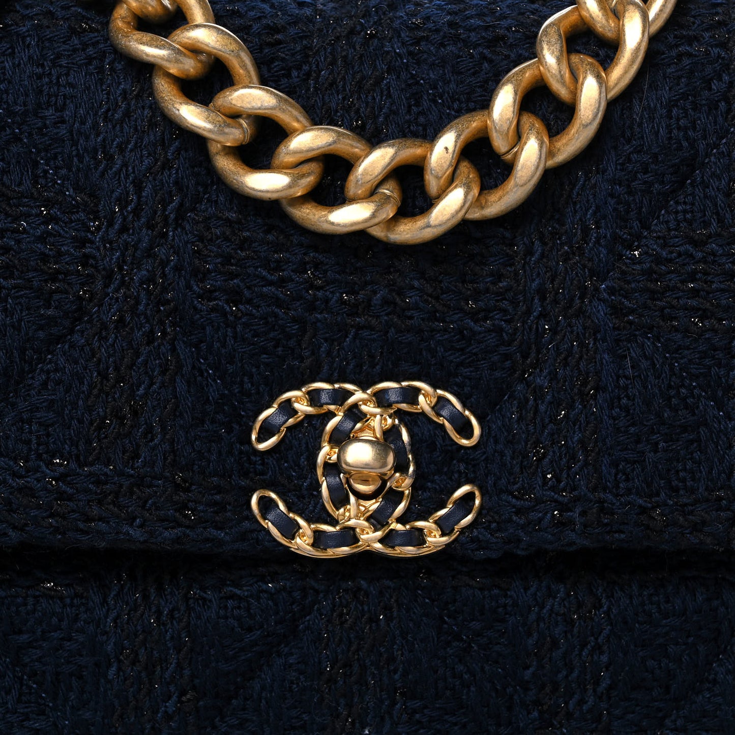 Tweed Quilted Large Chanel 19 Flap Navy Blue