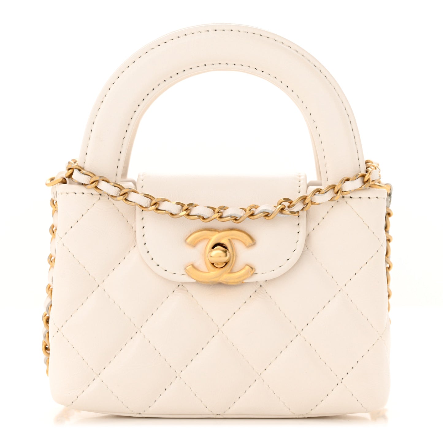 Shiny Aged Calfskin Quilted Mini Nano Kelly Shopper White