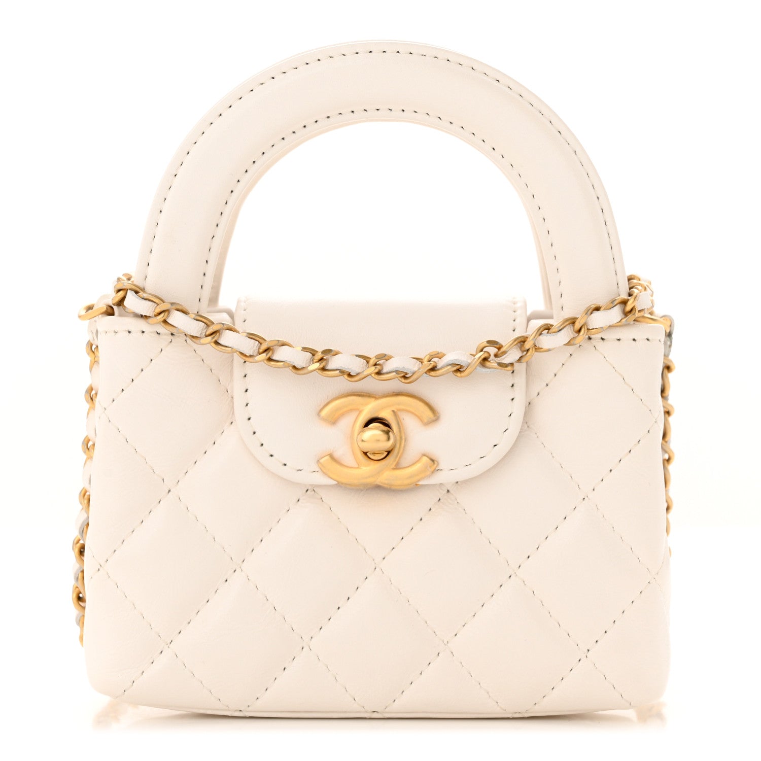 Chanel Shiny Aged Calfskin Quilted Mini Nano Kelly Shopper White 1 of 11