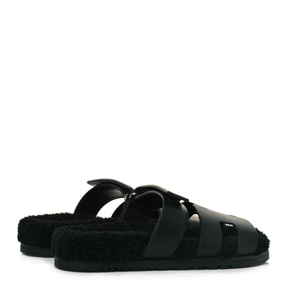 Hermes Calfskin Woolskin Womens Chypre Sandals 37.5 Black 4 of 8