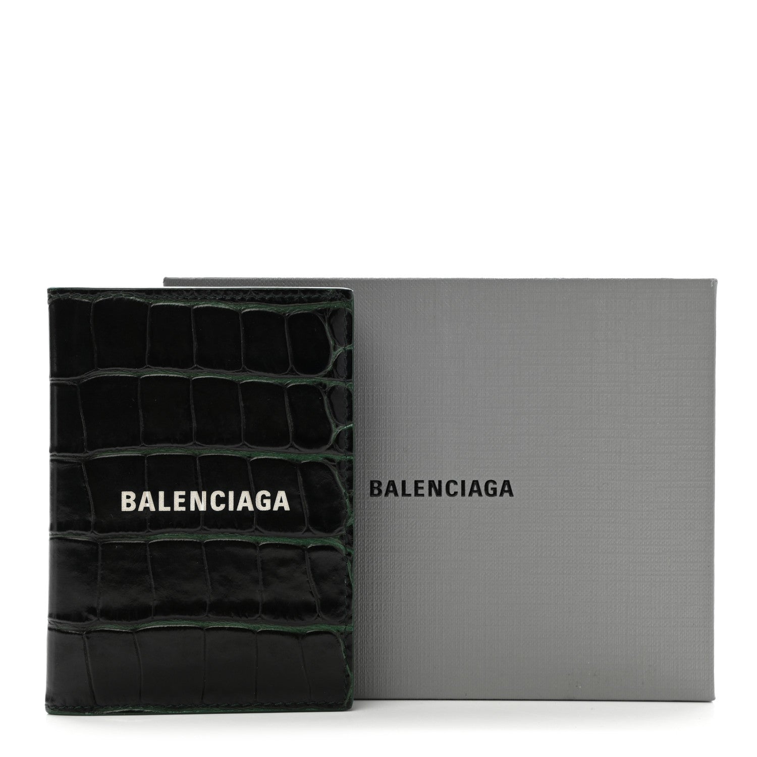 Balenciaga Semi Matte Calfskin Crocodile Embossed Logo Cash Vertical Card Case Dark Green White 9 of 9