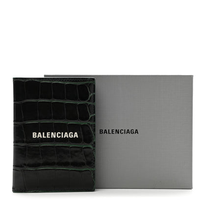 Balenciaga Semi Matte Calfskin Crocodile Embossed Logo Cash Vertical Card Case Dark Green White 9 of 9