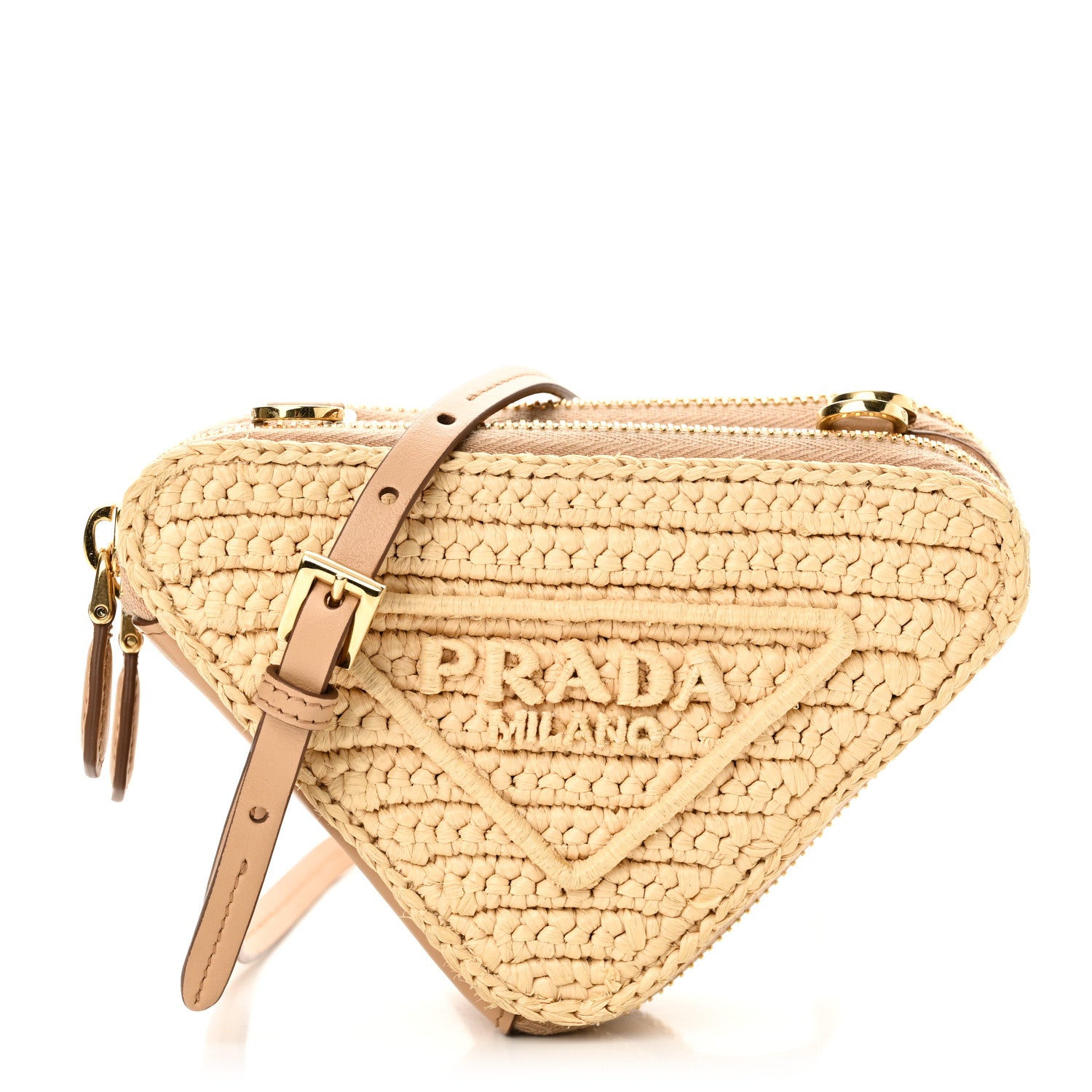 Prada Raffia Calfskin Crochet Logo Embroidered Mini Triangle